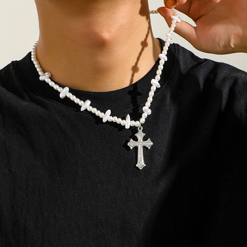 Steel Beads & Cross Pearl Necklace