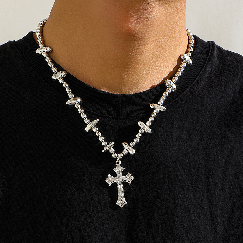 Steel Beads & Cross Pearl Necklace