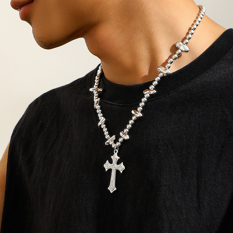 Steel Beads & Cross Pearl Necklace