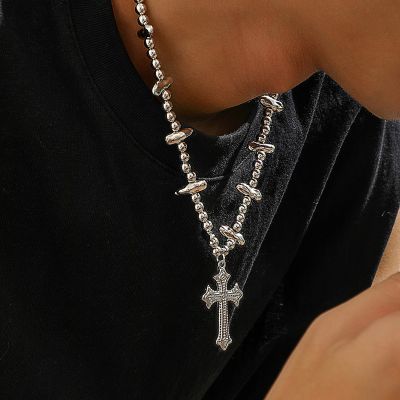 Steel Beads & Cross Pearl Necklace