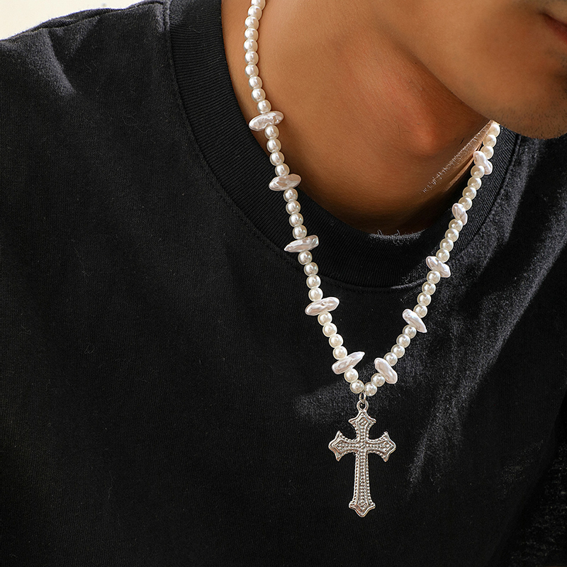 Steel Beads & Cross Pearl Necklace