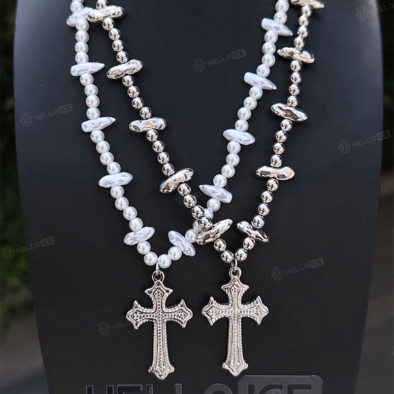 Steel Beads & Cross Pearl Necklace