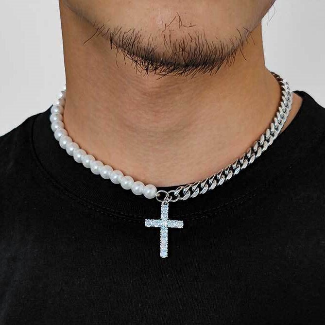 Half Cuban Half Pearls Chain with Cross Pendant Necklace