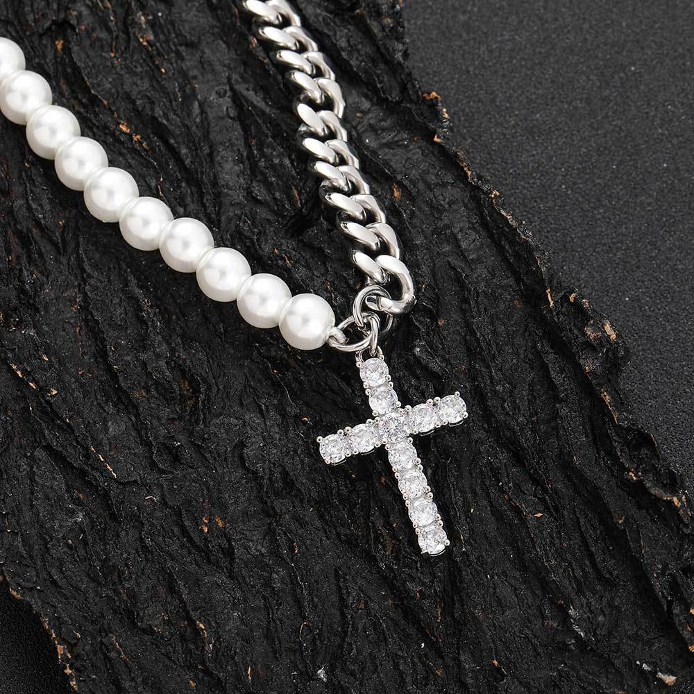 Half Cuban Half Pearls Chain with Cross Pendant Necklace