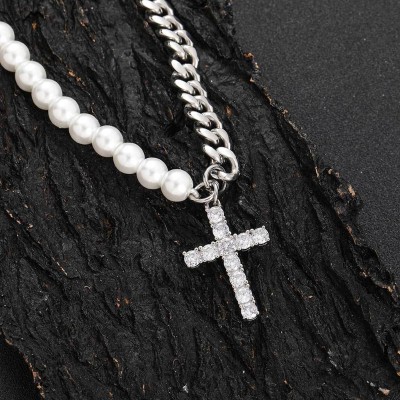 Half Cuban Half Pearls Chain with Cross Pendant Necklace