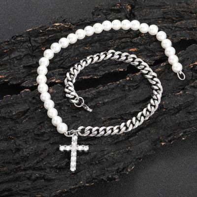 Half Cuban Half Pearls Chain with Cross Pendant Necklace