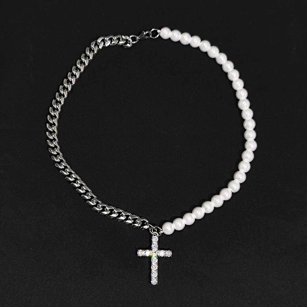 Half Cuban Half Pearls Chain with Cross Pendant Necklace