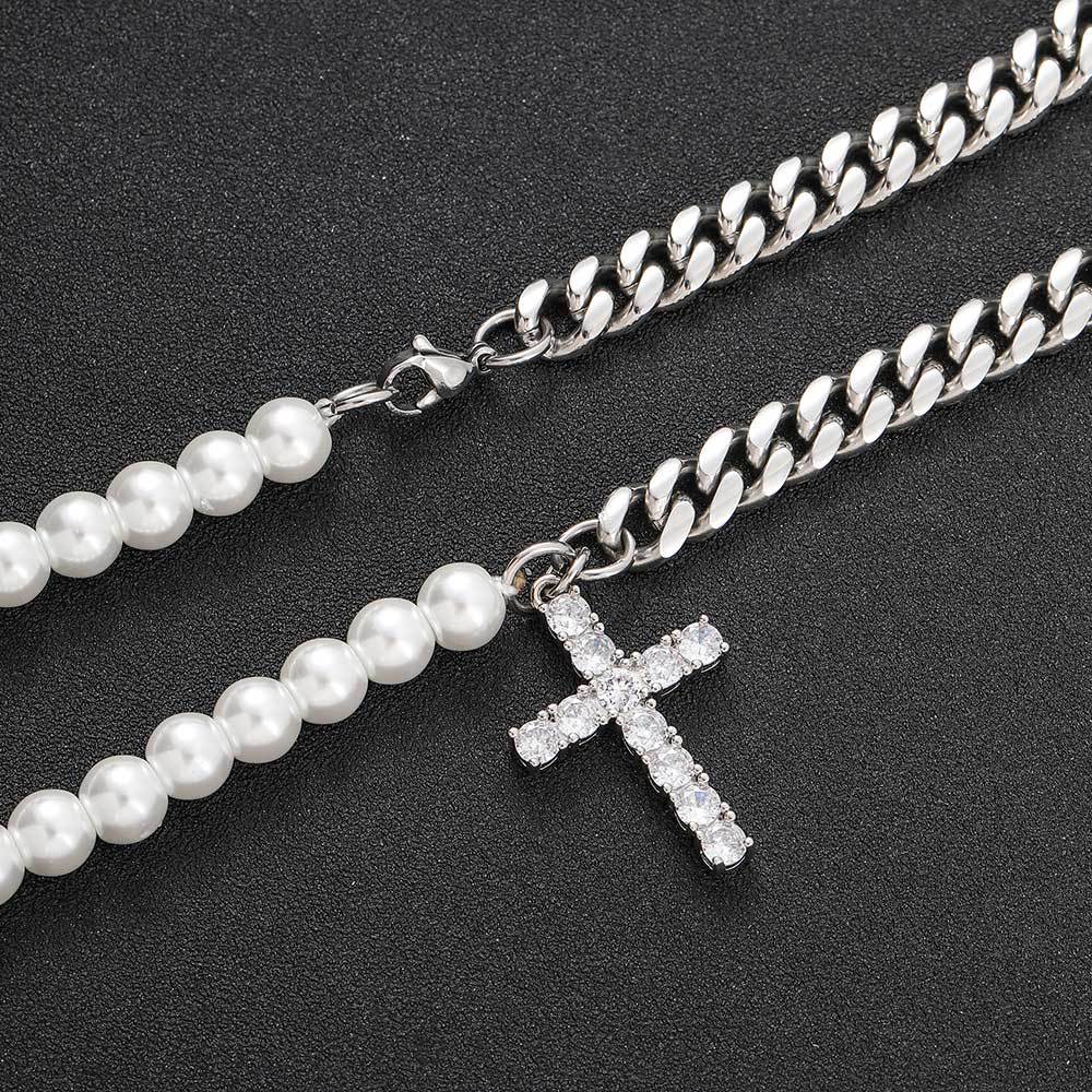 Half Cuban Half Pearls Chain with Cross Pendant Necklace