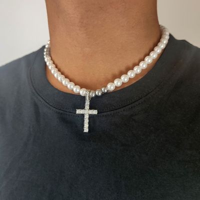 8mm Pearls Cross Pendant Necklace