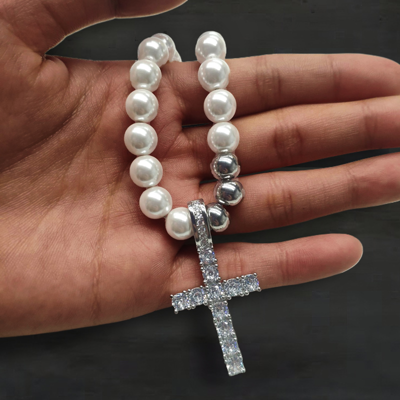 8mm Pearls Cross Pendant Necklace