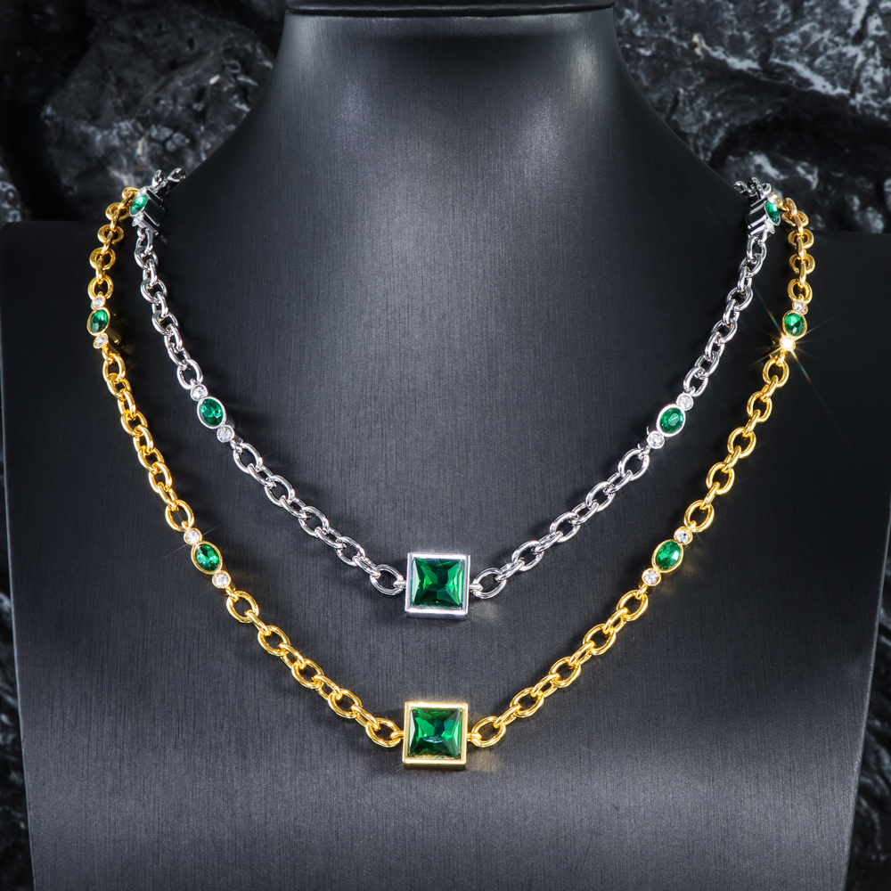 Emerald Green Princess Cut & Oval Cut Diamonds Necklace