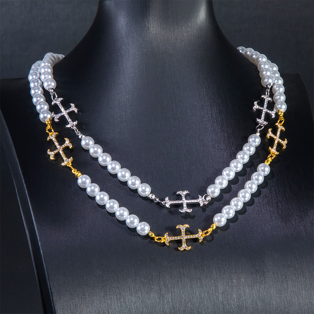 Iced Cross Pearls Chian Necklace