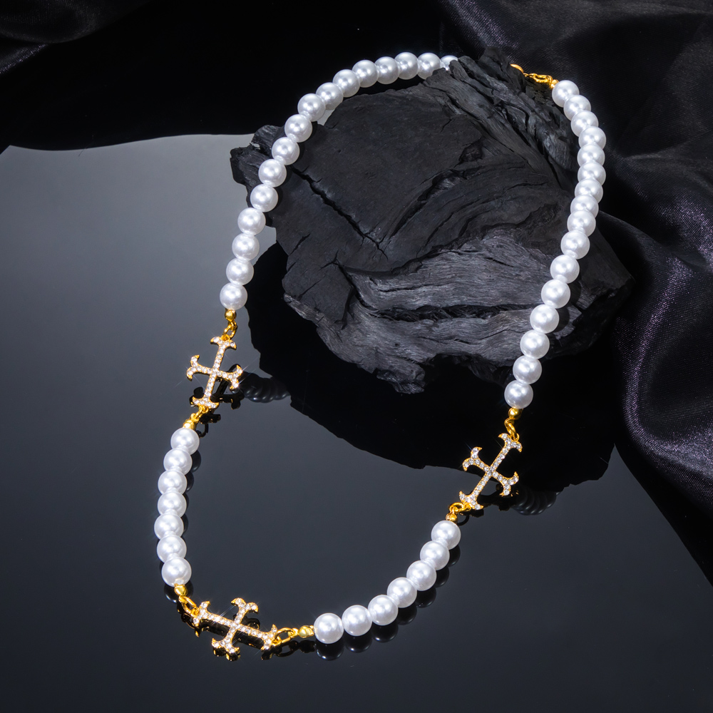 Iced Cross Pearls Chian Necklace