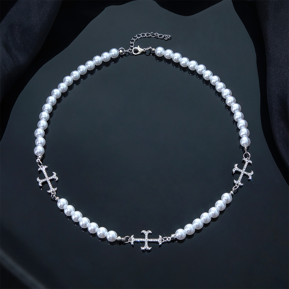 Iced Cross Pearls Chian Necklace