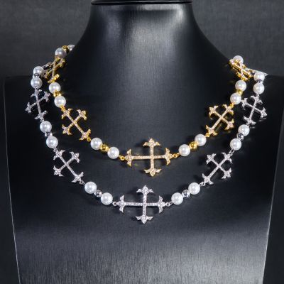 Iced Different Crosses Pearls Chain Necklace