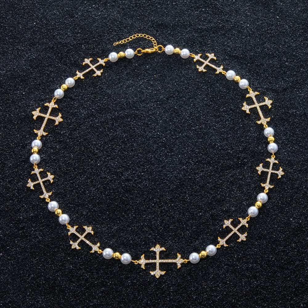 Iced Different Crosses Pearls Chain Necklace