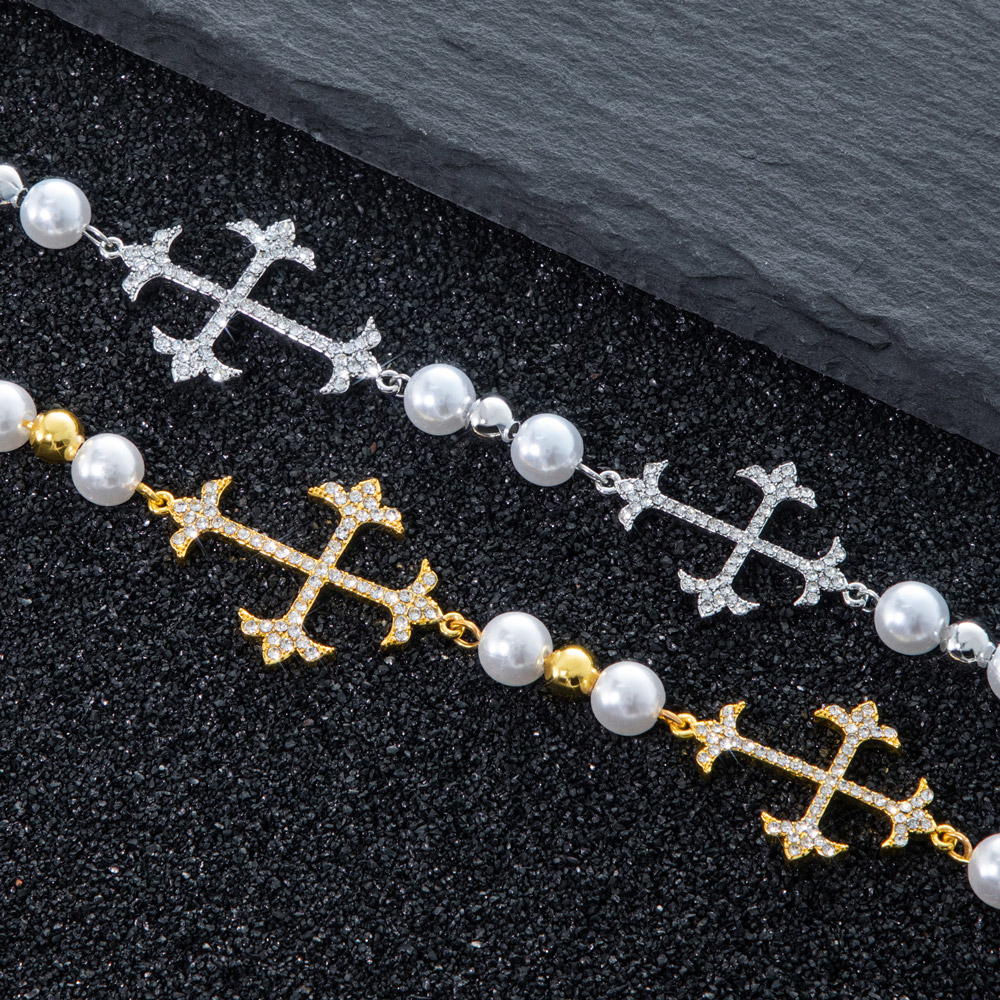 Iced Different Crosses Pearls Chain Necklace