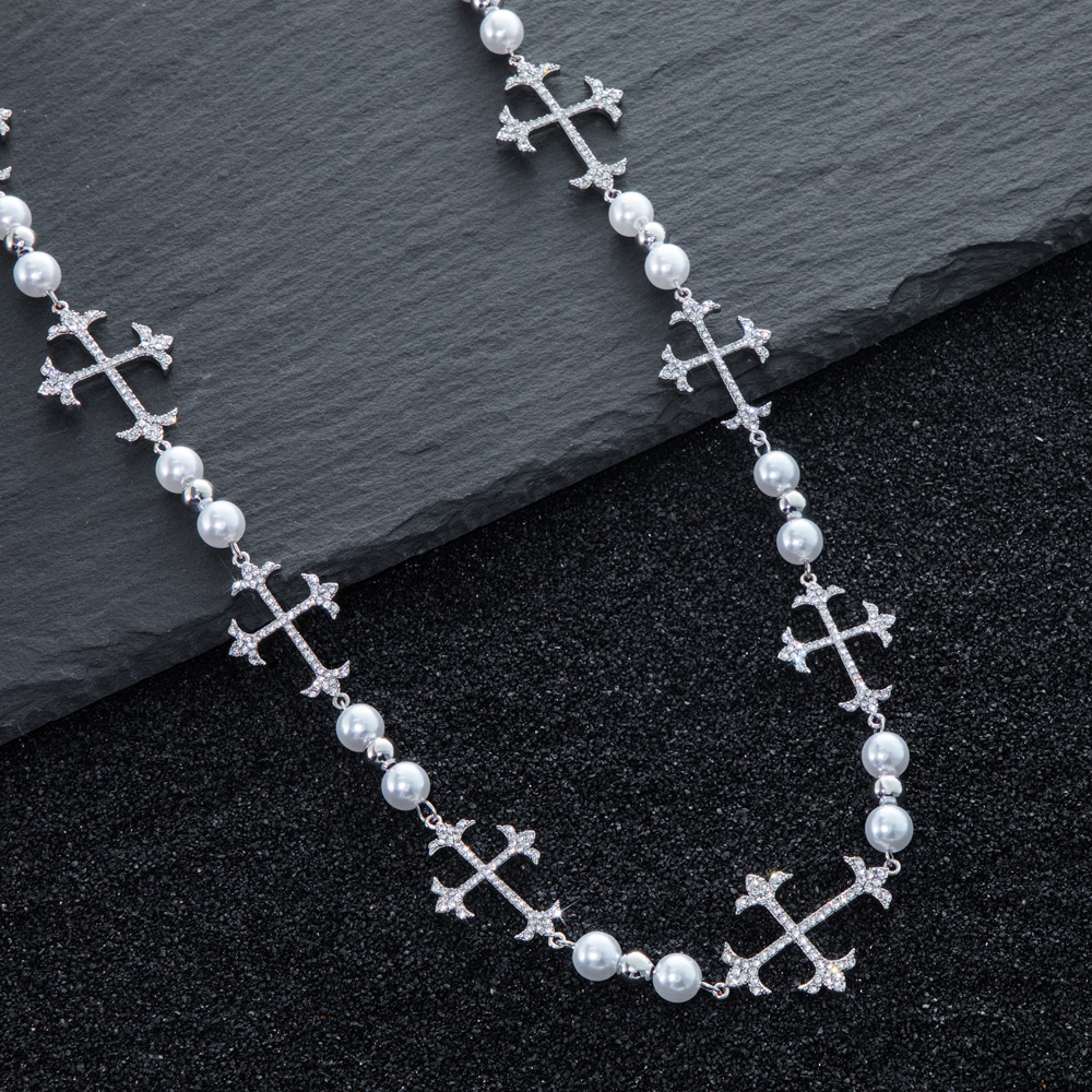 Iced Different Crosses Pearls Chain Necklace