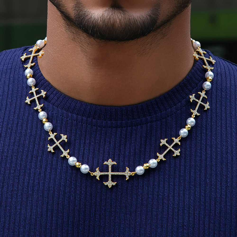 Iced Different Crosses Pearls Chain Necklace