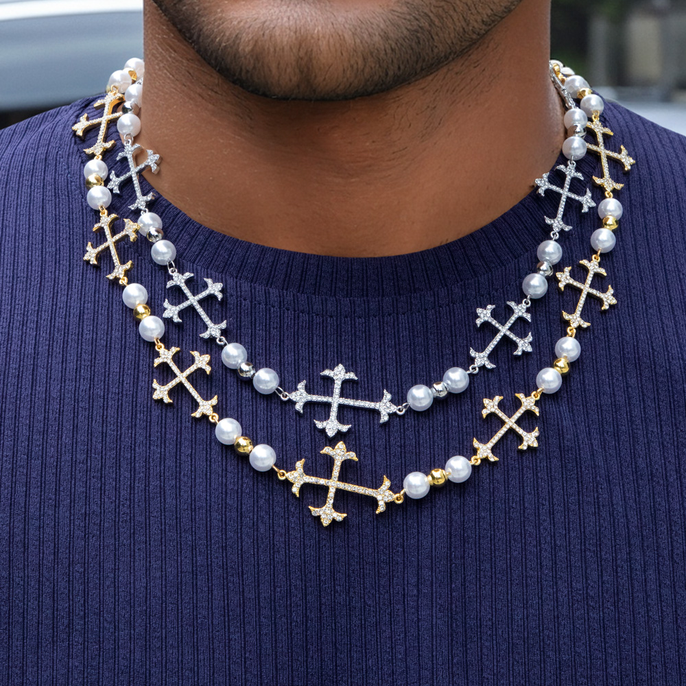 Iced Different Crosses Pearls Chain Necklace