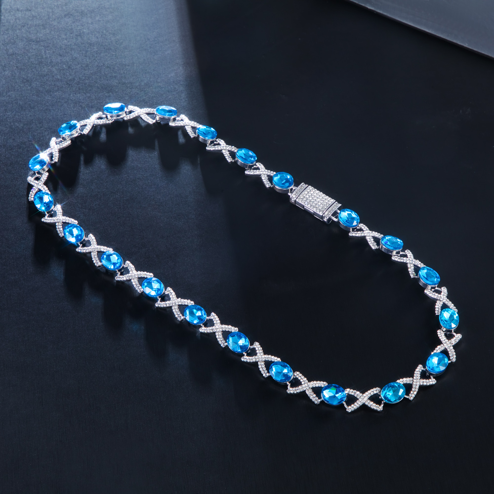 Oval Cut Blue Diamonds Iced Infinity Sign Necklace