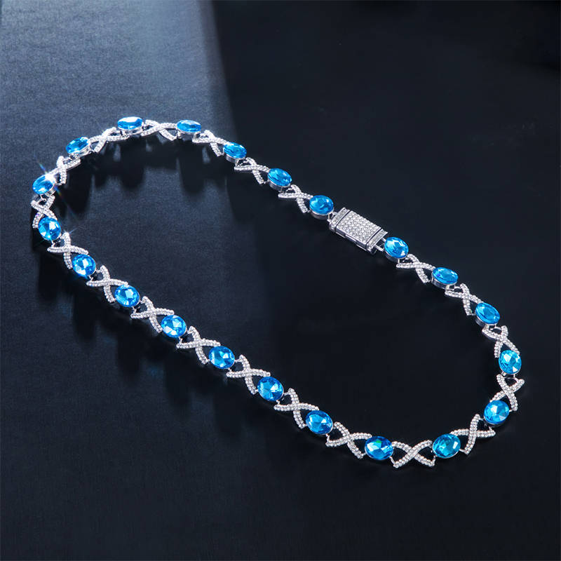 Oval Cut Blue Diamonds Iced Infinity Sign Necklace