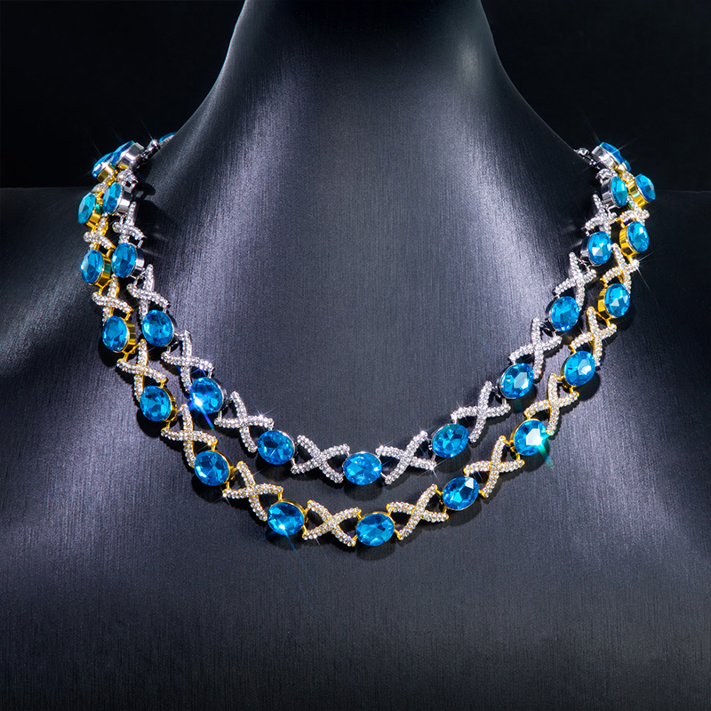 Oval Cut Blue Diamonds Iced Infinity Sign Necklace