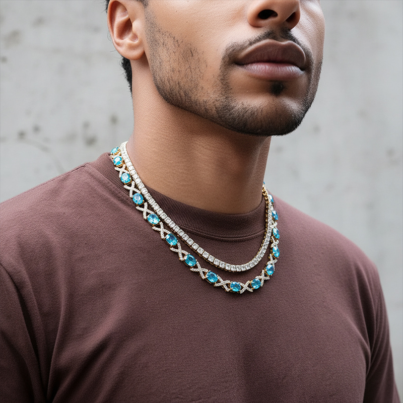 Oval Cut Blue Diamonds Iced Infinity Sign Necklace