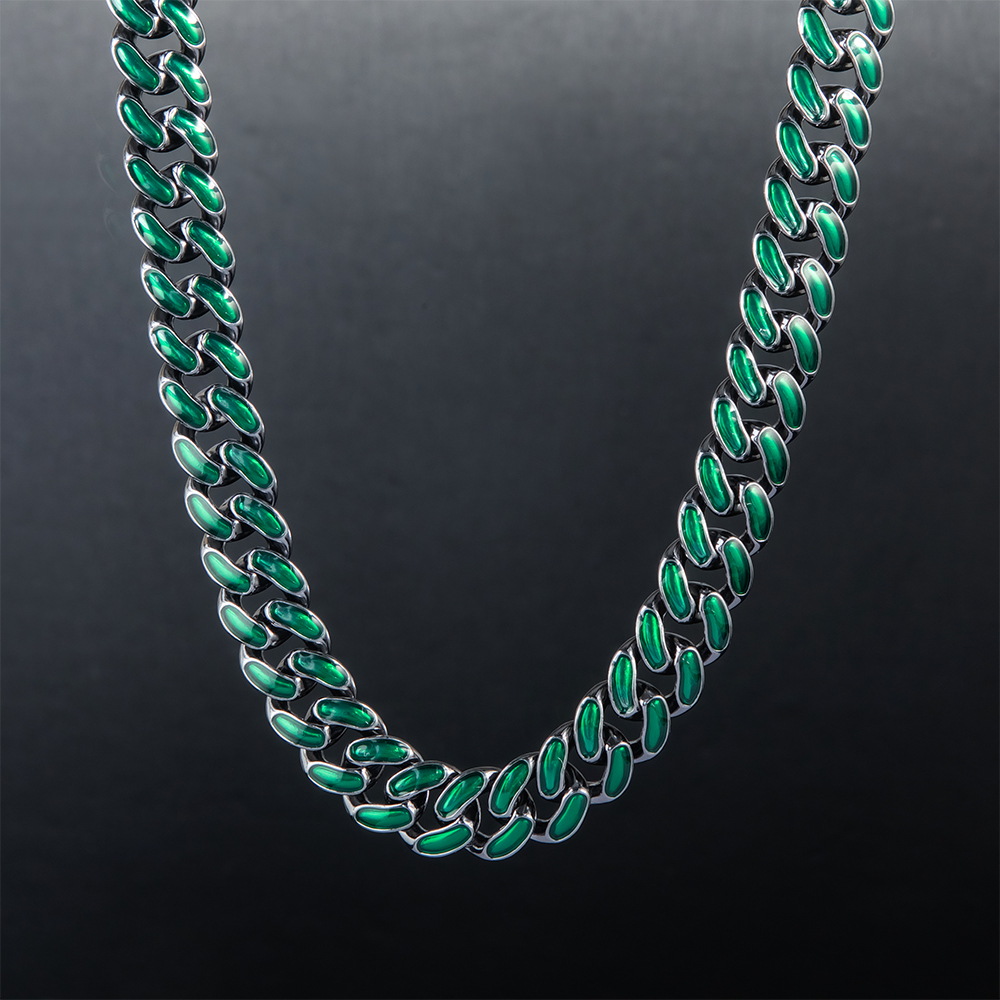 13mm Emerald Iced Enamel Miami Cuban Chain in Black Gold