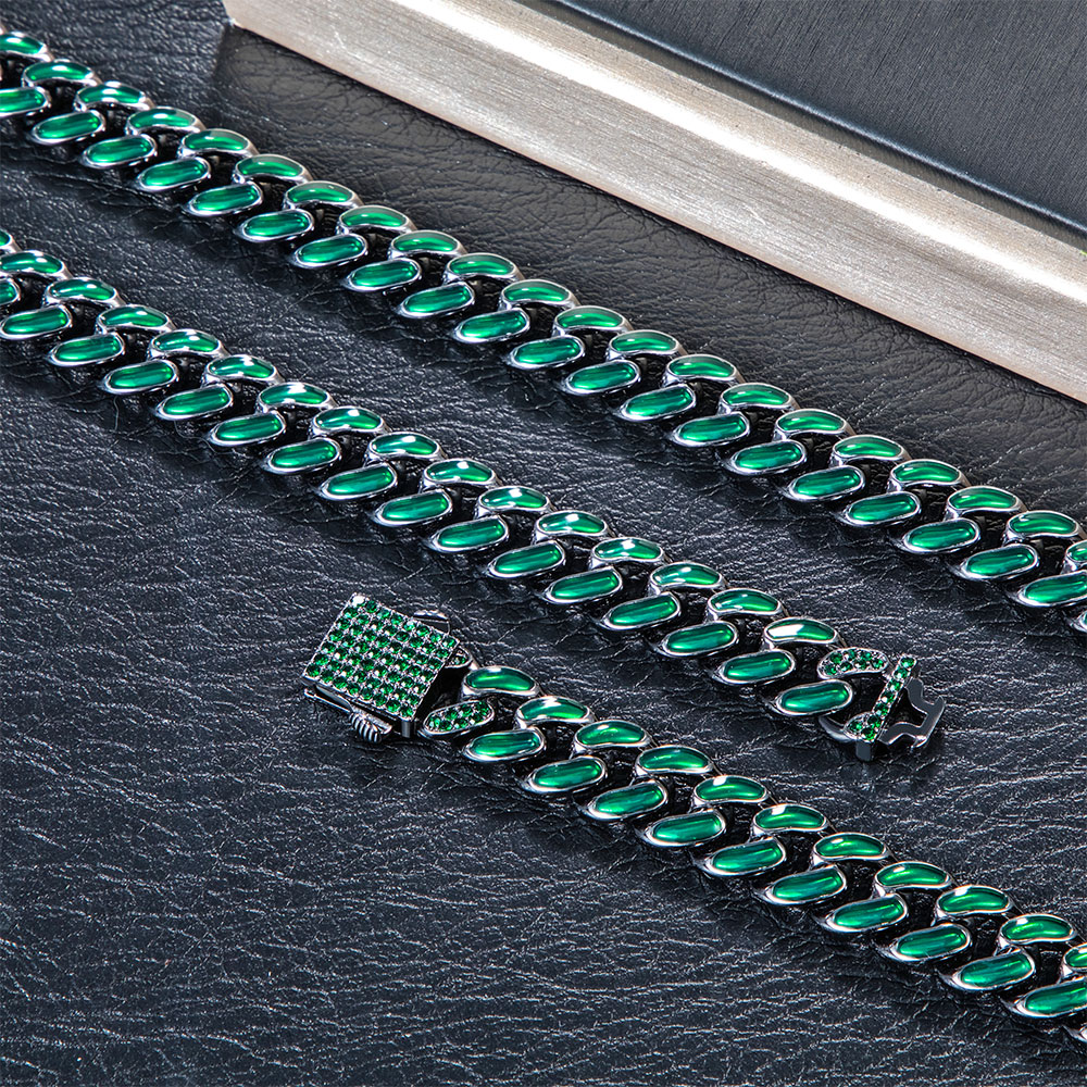 13mm Emerald Iced Enamel Miami Cuban Chain in Black Gold