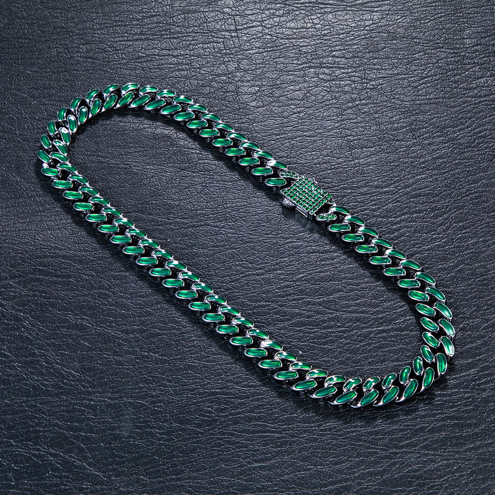 13mm Emerald Iced Enamel Miami Cuban Chain in Black Gold