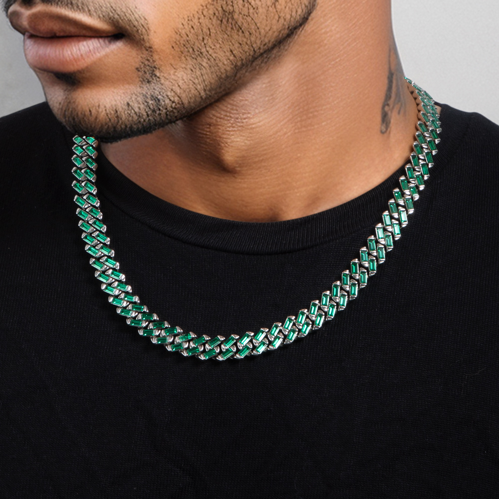 13mm Emerald  Baguette Cut Cuban Chain