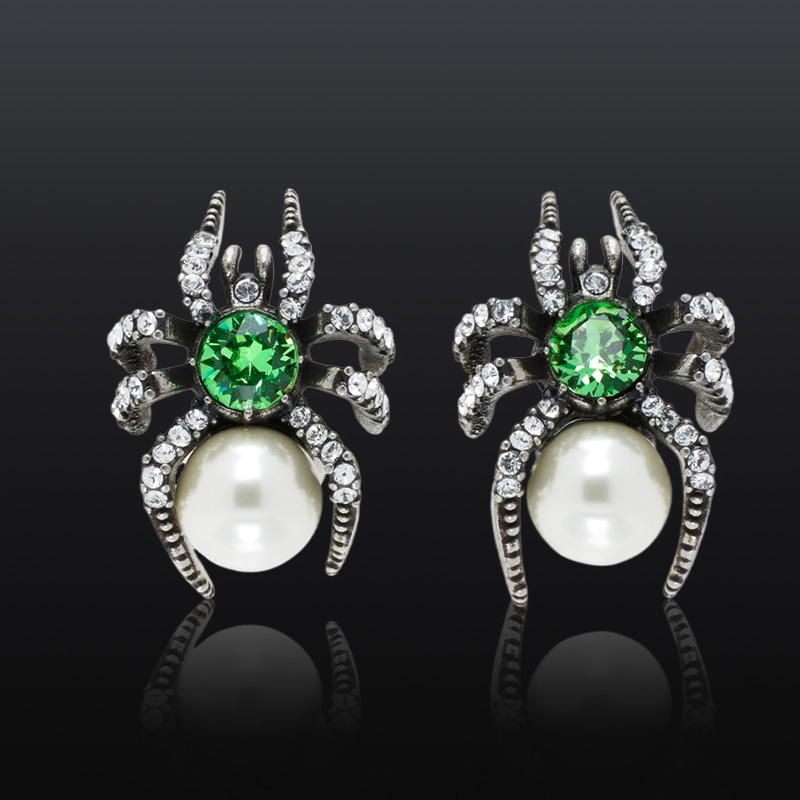 Spider Pearl & Emerald Green Diamond  Stud Earrings