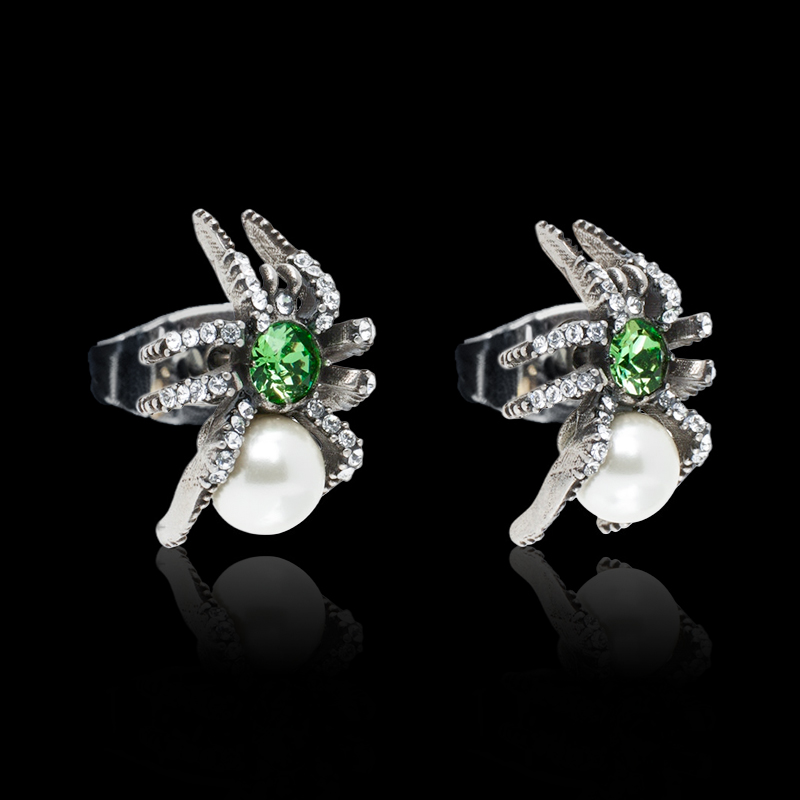 Spider Pearl & Emerald Green Diamond  Stud Earrings