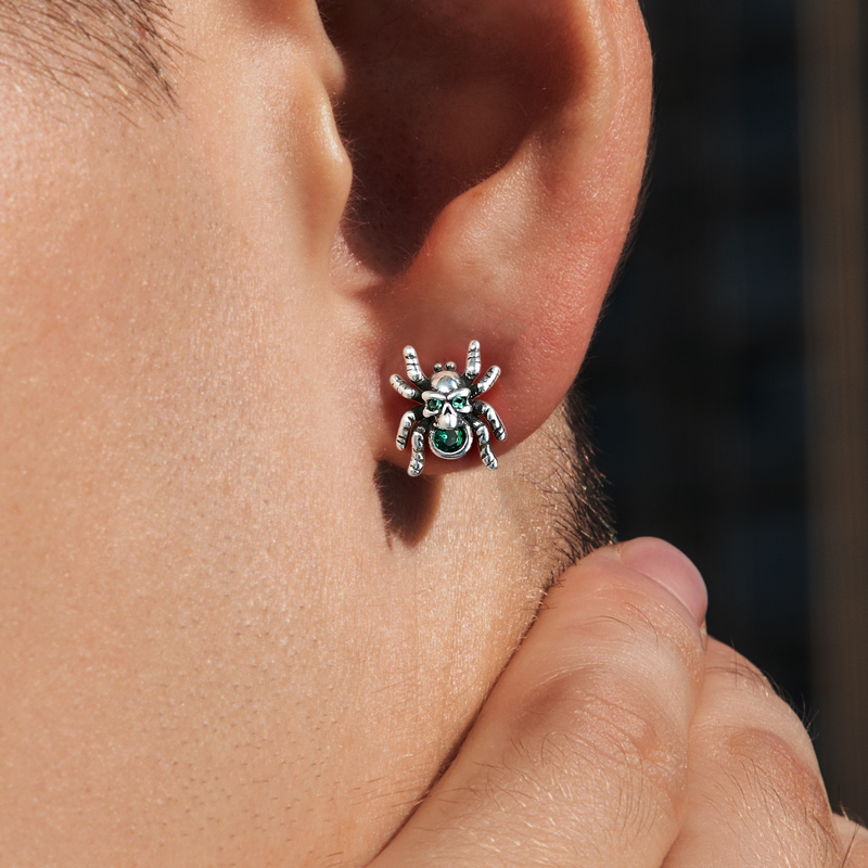 Spider Skull Emerald Green Diamond Stud Earrings