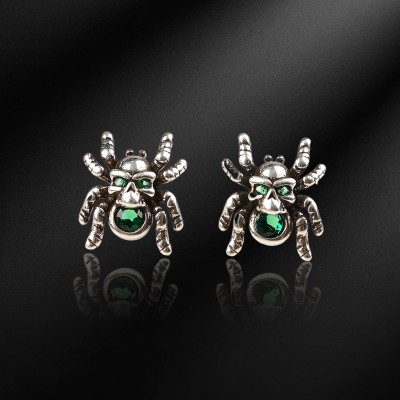 Spider Skull Emerald Green Diamond Stud Earrings