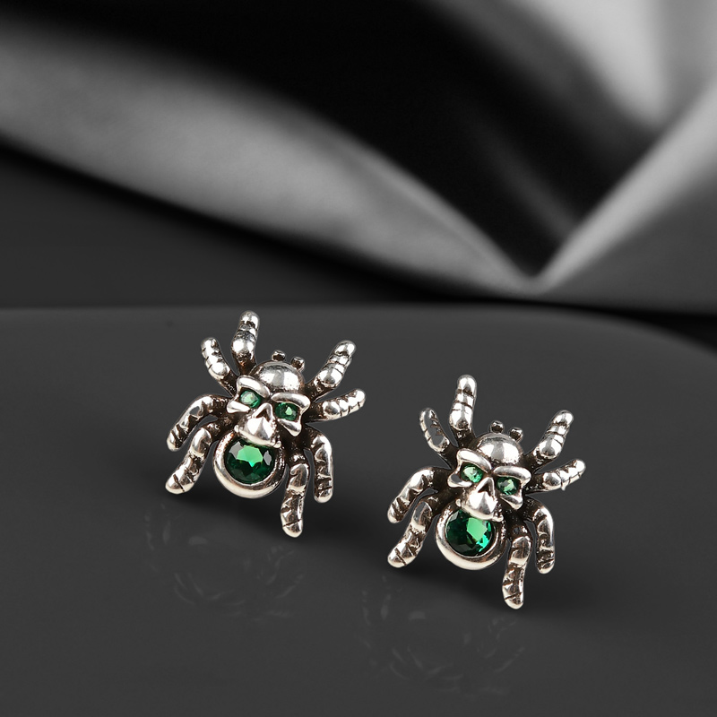 Spider Skull Emerald Green Diamond Stud Earrings