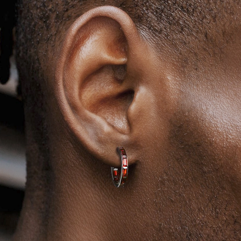 Baguette Cut Red Diamonds Black Hoop Earrings