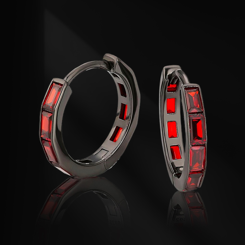 Baguette Cut Red Diamonds Black Hoop Earrings