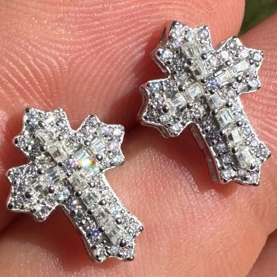 Iced Baguette Cut Cross Stud Earrings