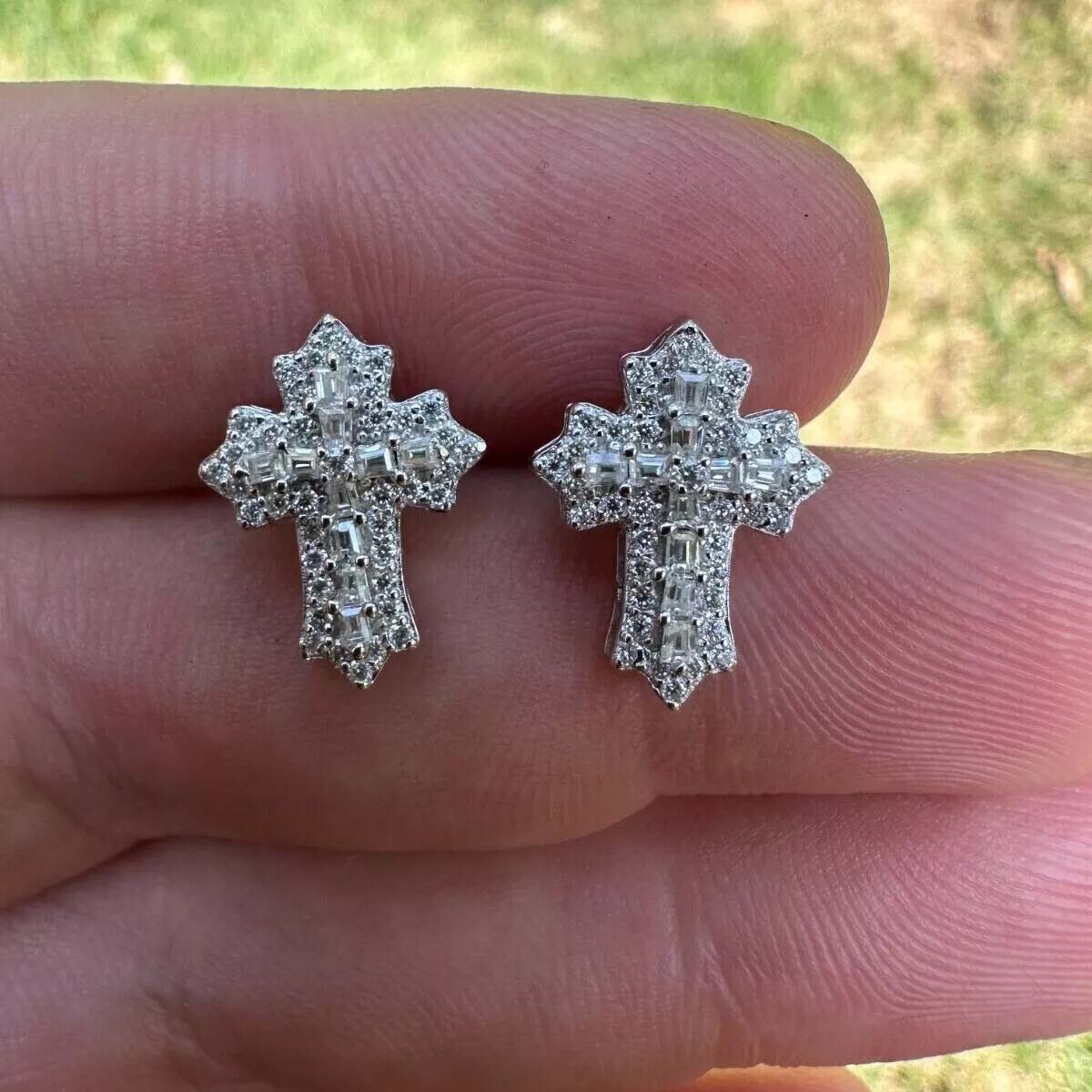 Iced Baguette Cut Cross Stud Earrings