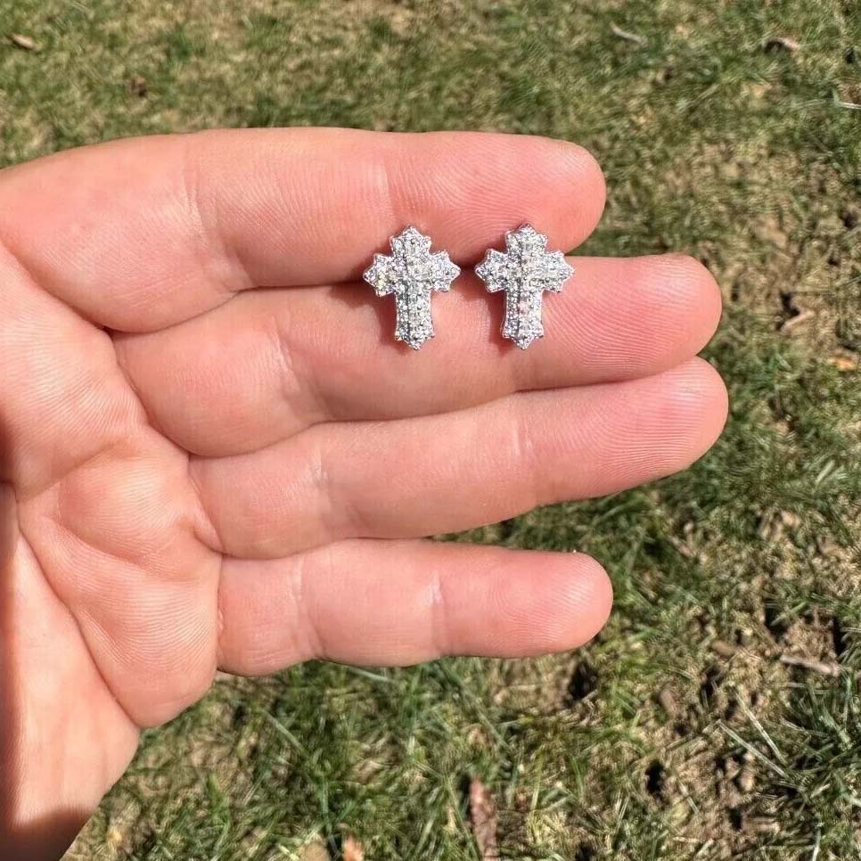 Iced Baguette Cut Cross Stud Earrings