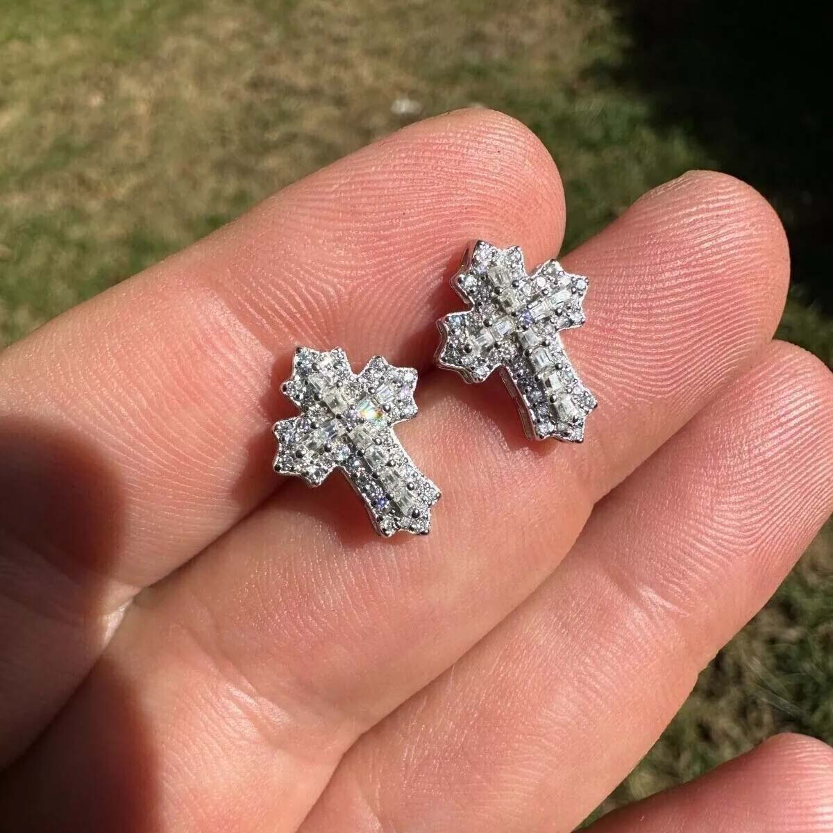 Iced Baguette Cut Cross Stud Earrings