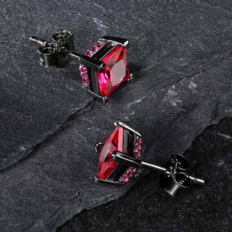 Red Stone Stud Earrings in Black Gold