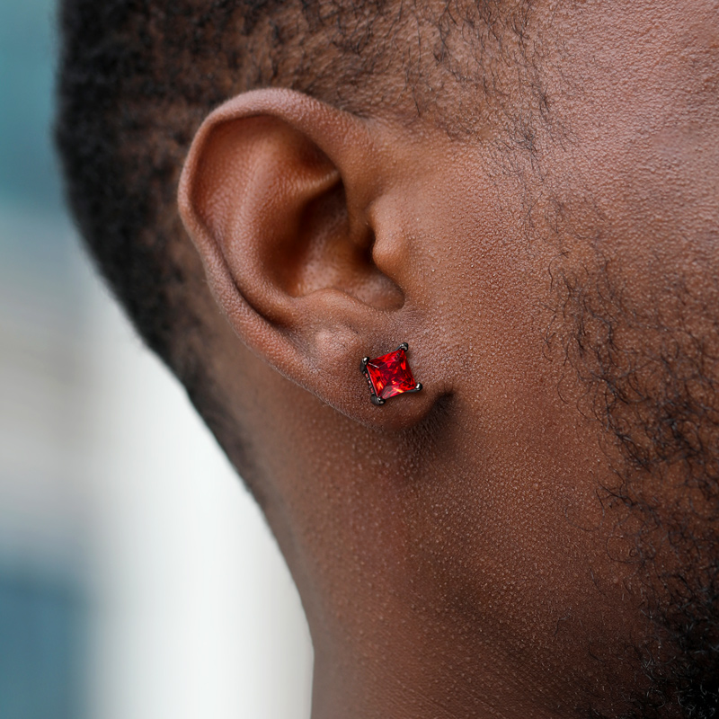 Red Stone Stud Earrings in Black Gold