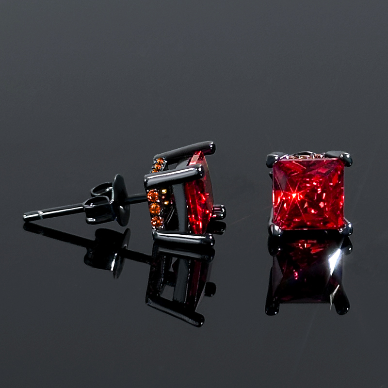 Red Stone Stud Earrings in Black Gold