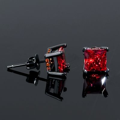 Red Stone Stud Earrings in Black Gold