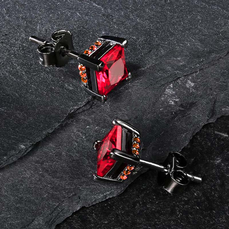 Red Stone Stud Earrings in Black Gold