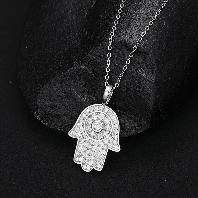 S925 Sterling Silver Moissanite Iced Hamsa Hand Pendant with Link Chain