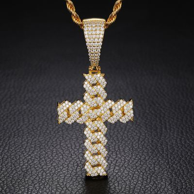 S925 Sterling Silver Moissanite Iced Cuban Link Chain Cross Pendant